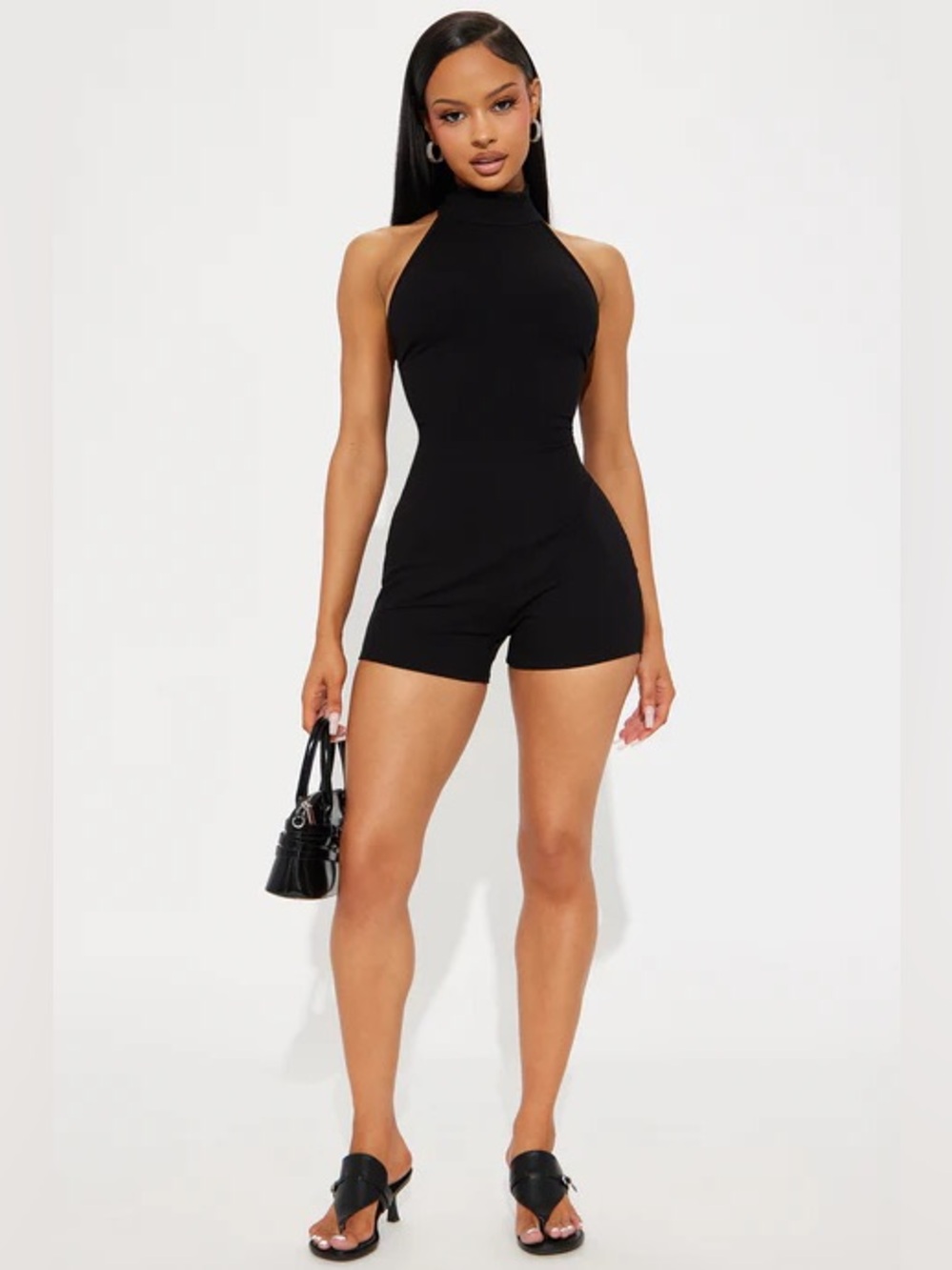 Fashion Nova Black Sleeveless Halter Ribbed Romper
